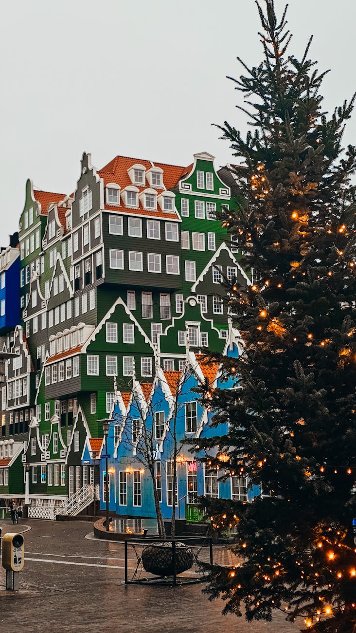 christmas decorated hotel in zaandam cityscape