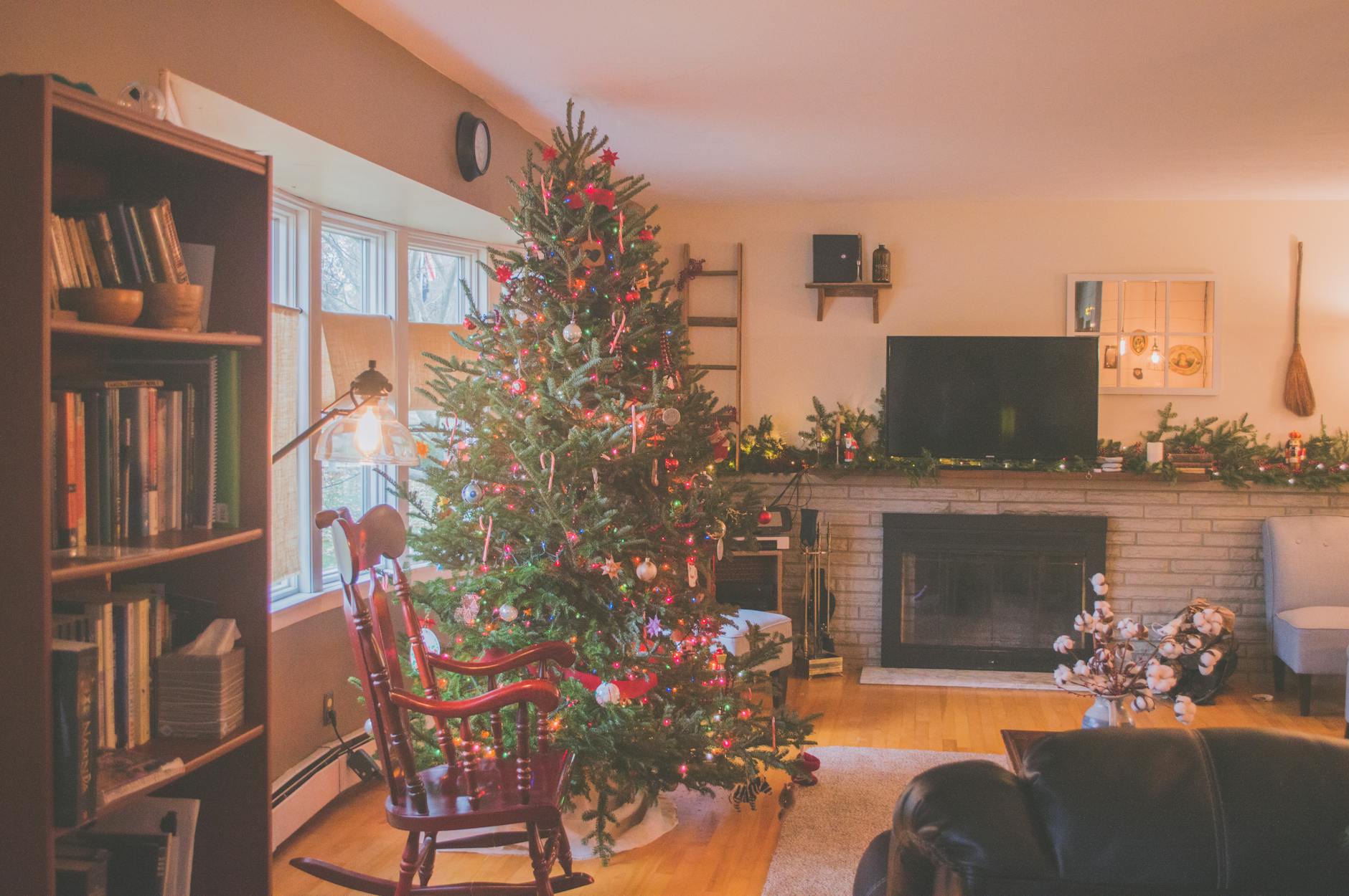 green christmas tree beside window inside room