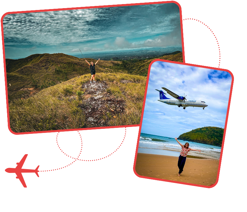 A person standing on a hill, arms raised in excitement, with a panoramic view of rolling hills and cloudy skies.