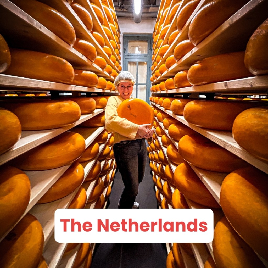 A person holding a large round cheese wheel, standing between shelves filled with rows of orange cheese in a storage room, with the text 'The Netherlands' at the bottom.