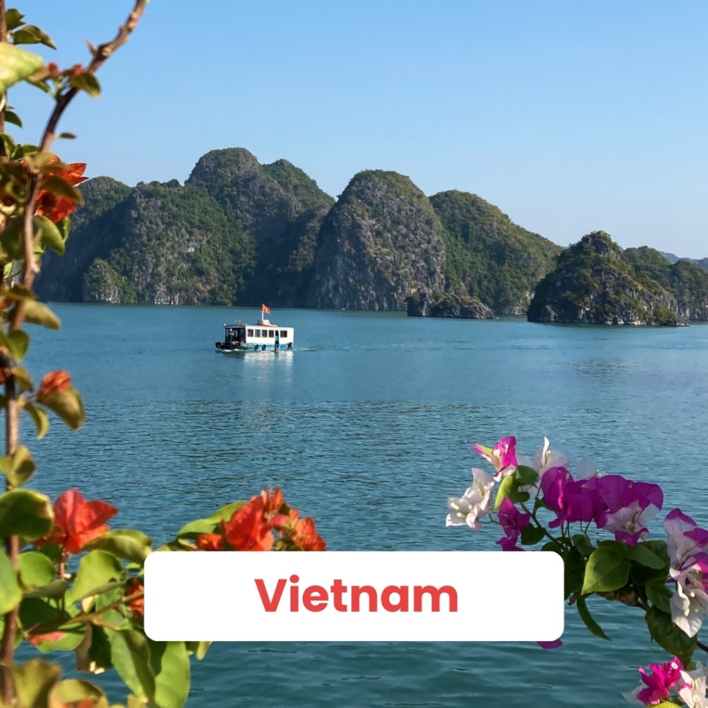 A scenic view of Ha Long Bay in Vietnam featuring a small boat sailing through turquoise waters, surrounded by lush green islands and colorful plants in the foreground.