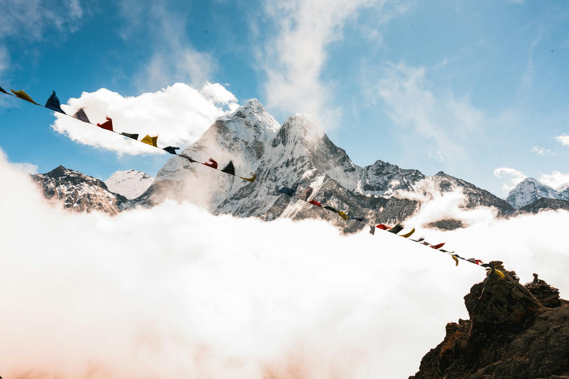 stunning himalayan mountains with prayer flags in nepal